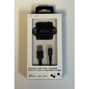 ATIVA ~ 12W Dual Port Wall Charger W/ 6FT Fast Charging Cable Black ~ NEW SEALED